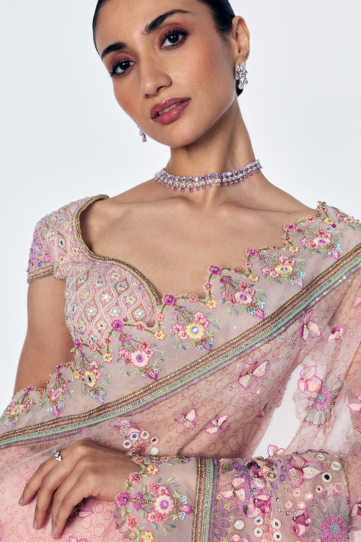 Silk Georgette Saree Set With Bougainvillea Embroidery In Rose Pink