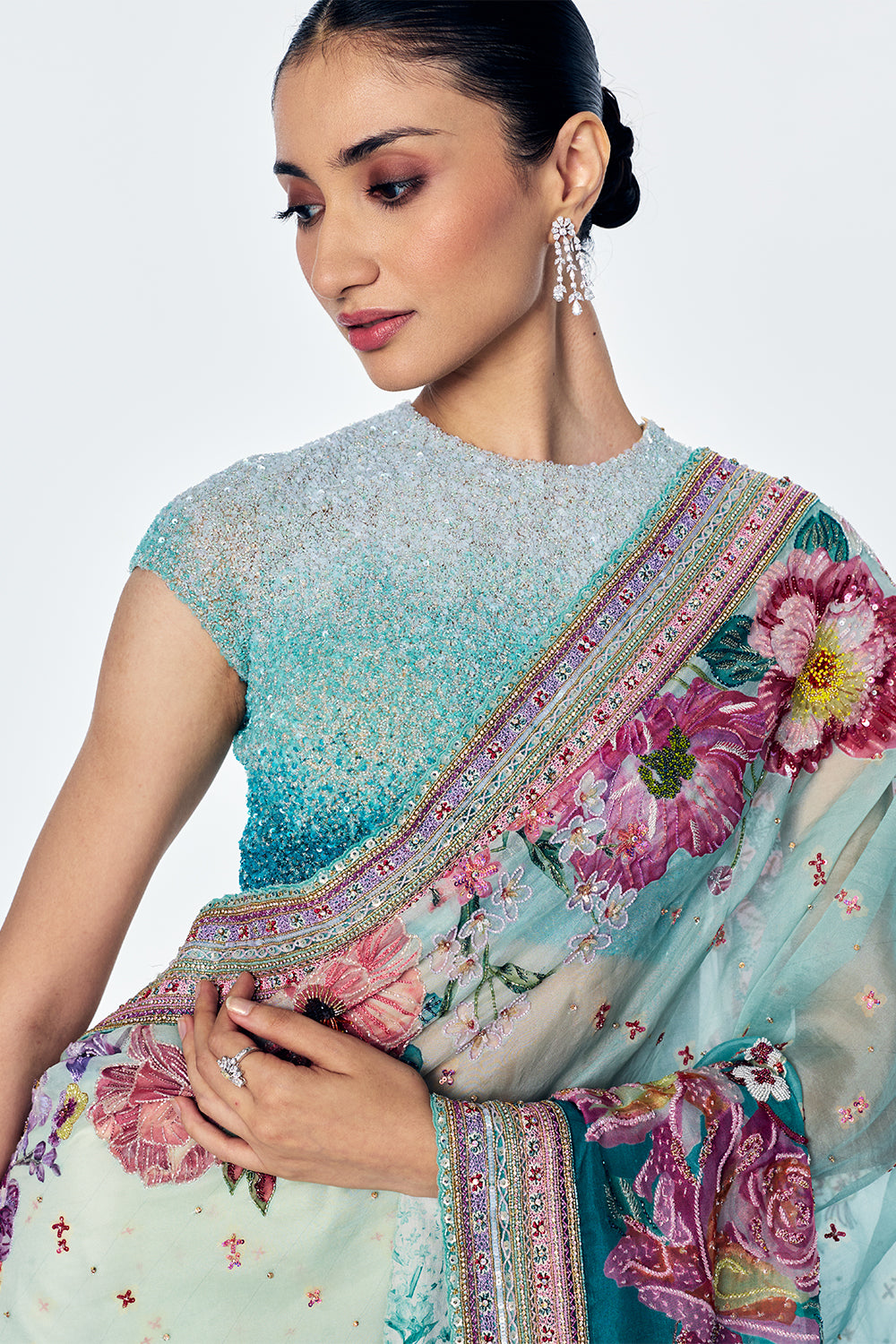 Florence Saree Set In Silk Organza And Soft Net With Satin-Thread Floral Embroidery In Mint