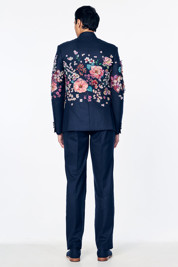 Florence Silk Bandhgala With 3D Floral Embroidery In Navy