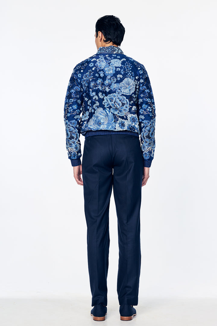 Organza Bomber Jacket With Monochromatic Floral Embroidery In Navy