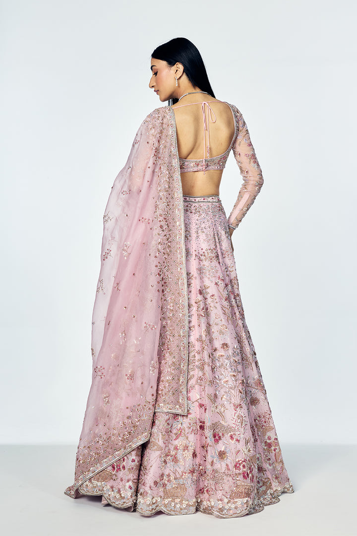 Silk Organza And Soft Tulle Lehenga Set With Zenith Zardosi Embroidery in Rosette