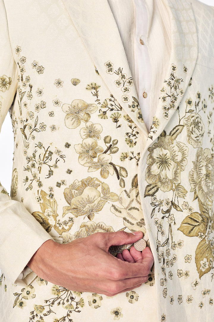 Double-Breasted Jacquard Jacket With Light Gold Zardosi And Floral Embroidery In Ivory