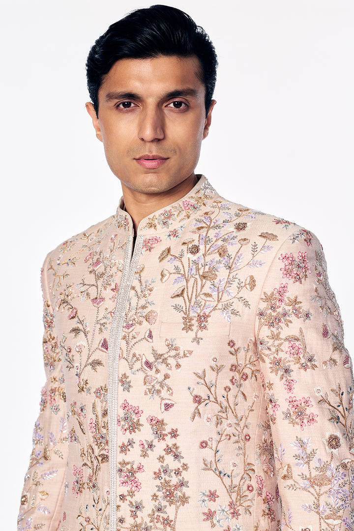 Flat Dupion Silk Bandhgala With Zardosi Floral Embroidery in Rose Gold