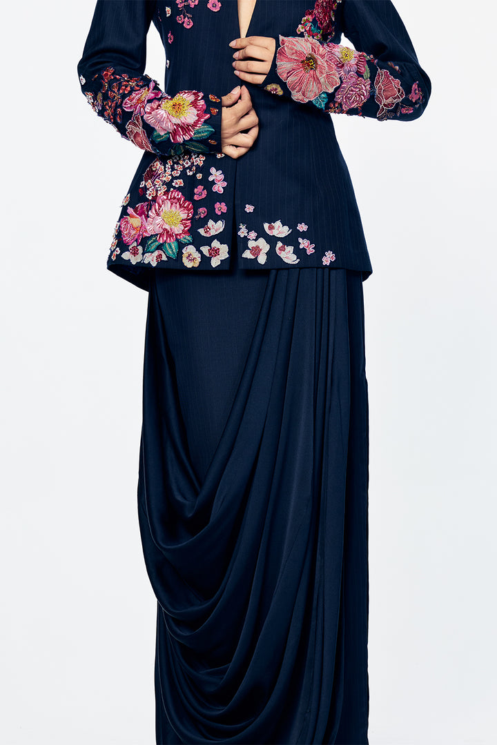 Florence Bandhgala With Tuscany-Inspired Satin-Thread Floral Embroidery In Navy
