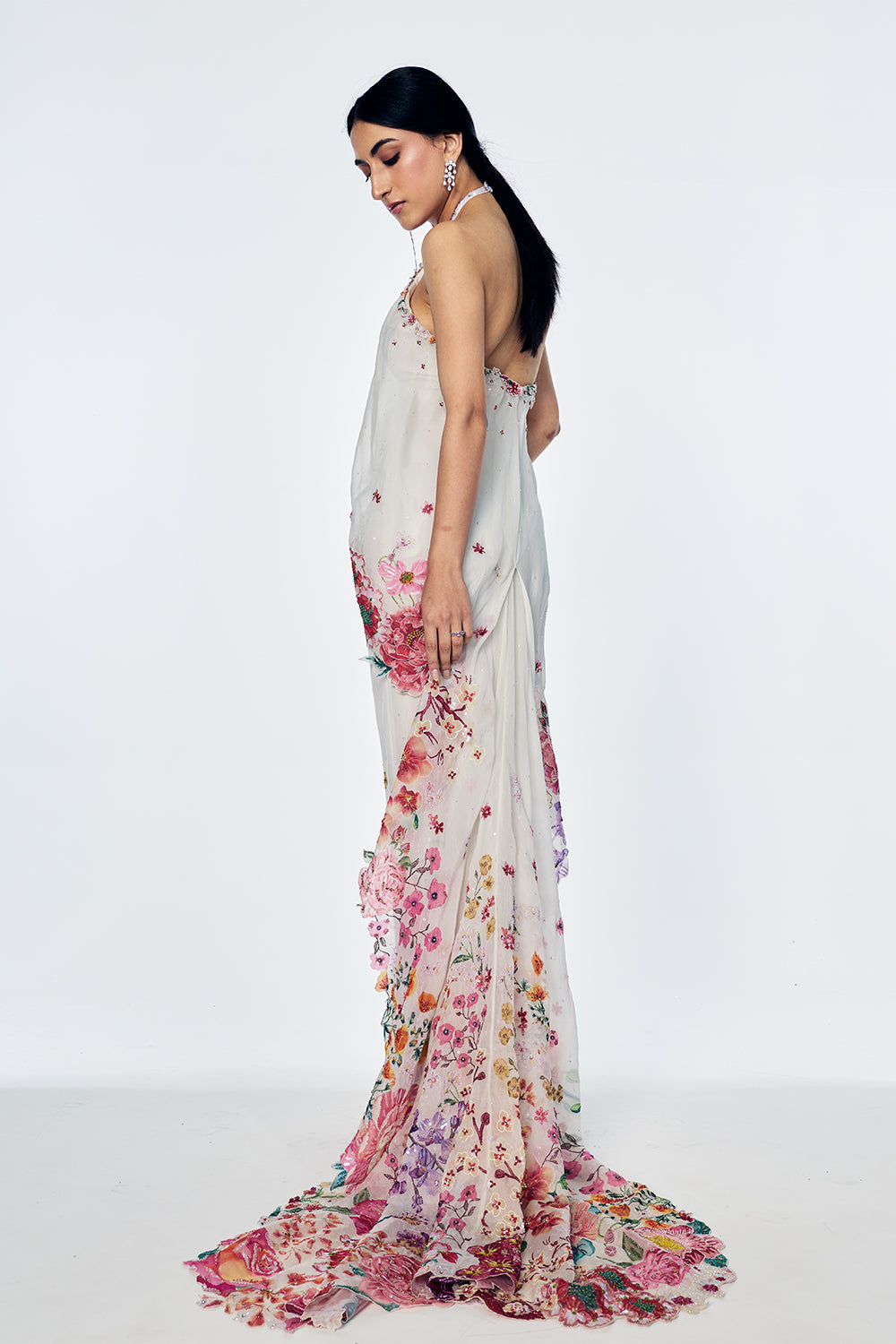 Florence Dress With Satin-Thread Floral Embroidery In Ivory