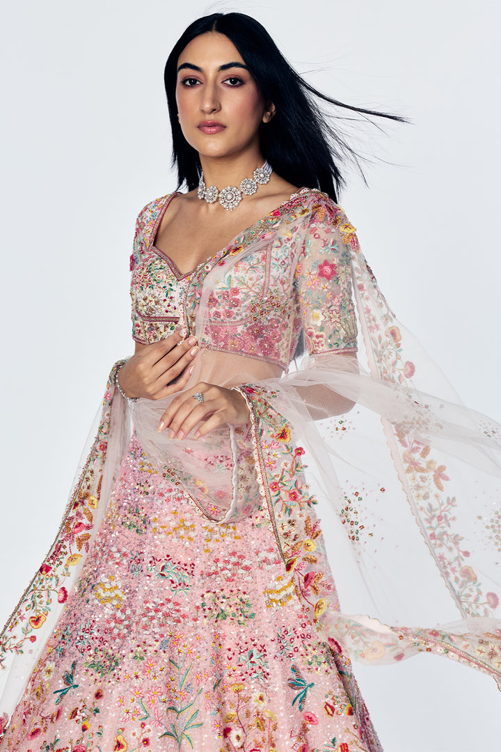 Zenith Lehenga Set With Floral Hand Embroidery in Lily Pink