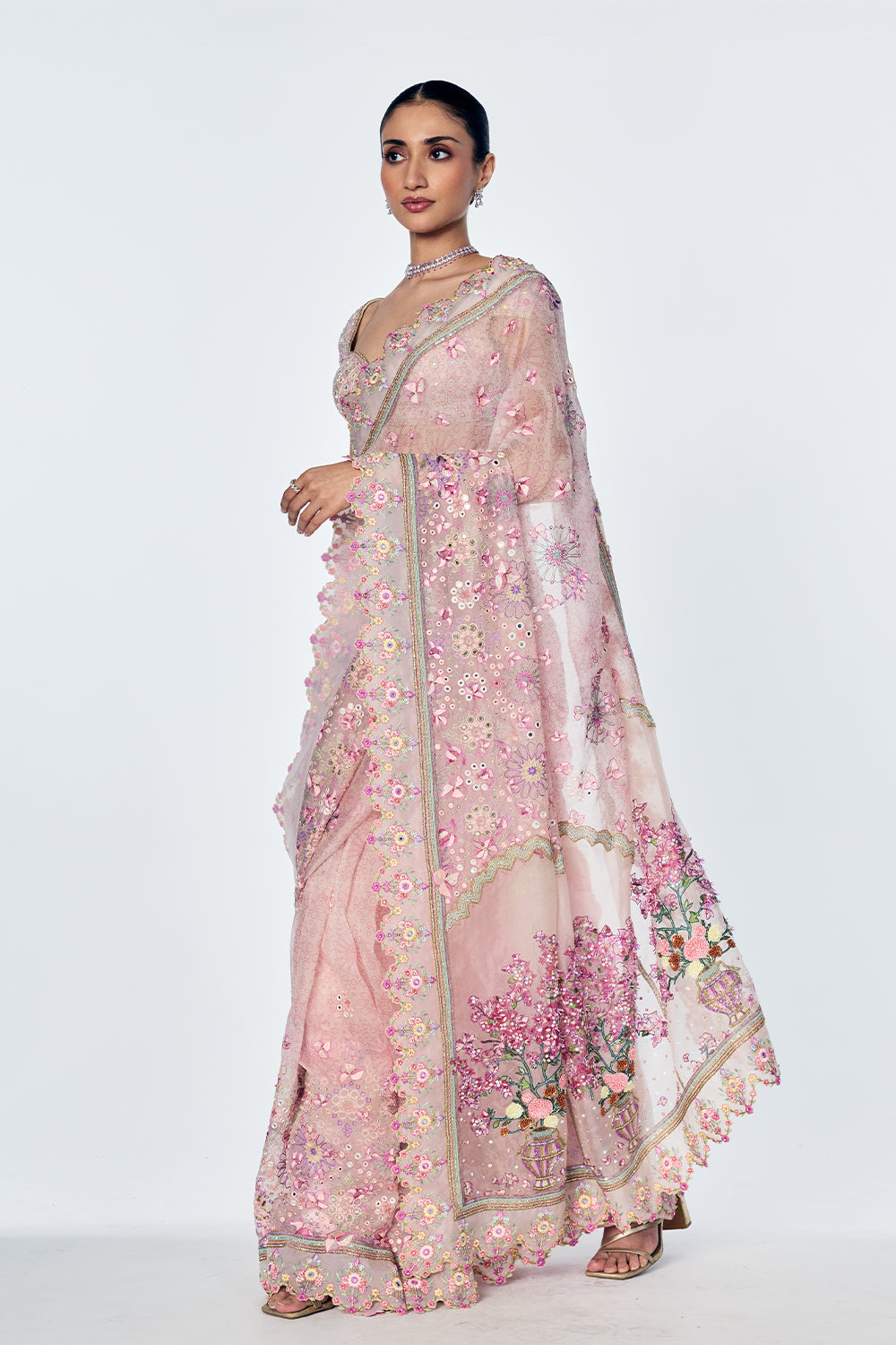 Silk Georgette Saree Set With Bougainvillea Embroidery In Rose Pink