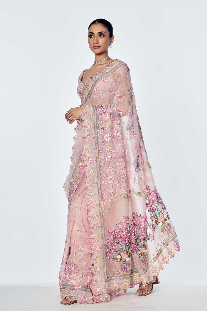 Silk Georgette Saree Set With Bougainvillea Embroidery In Rose Pink