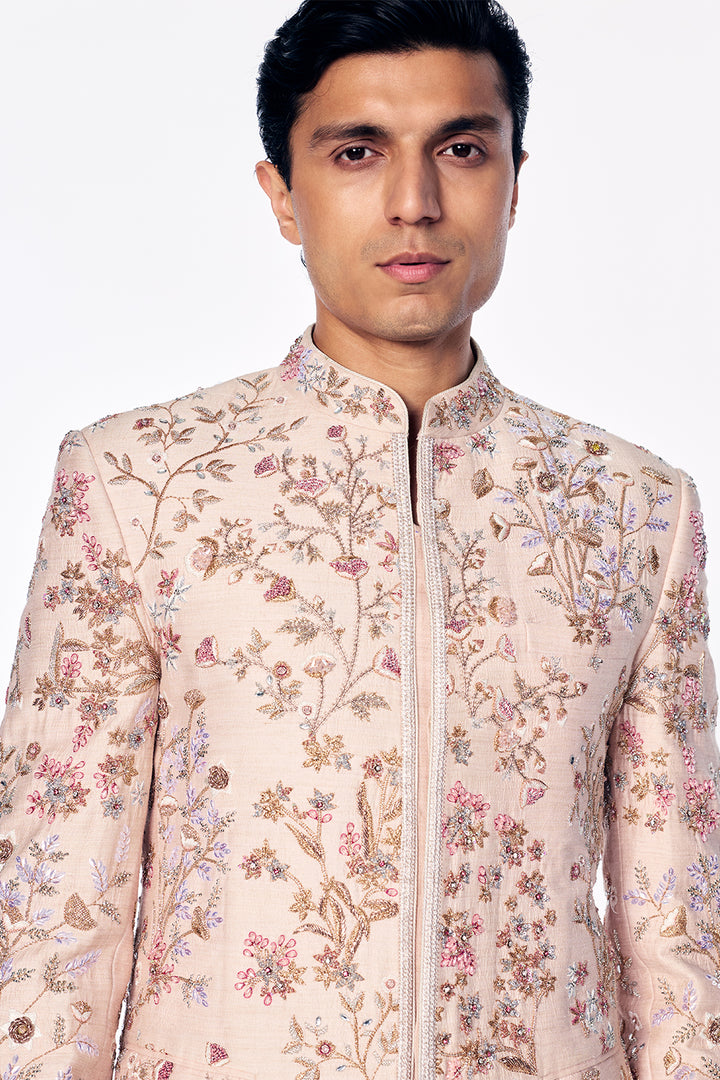 Flat Dupion Silk Bandhgala With Zardosi Floral Embroidery in Rose Gold
