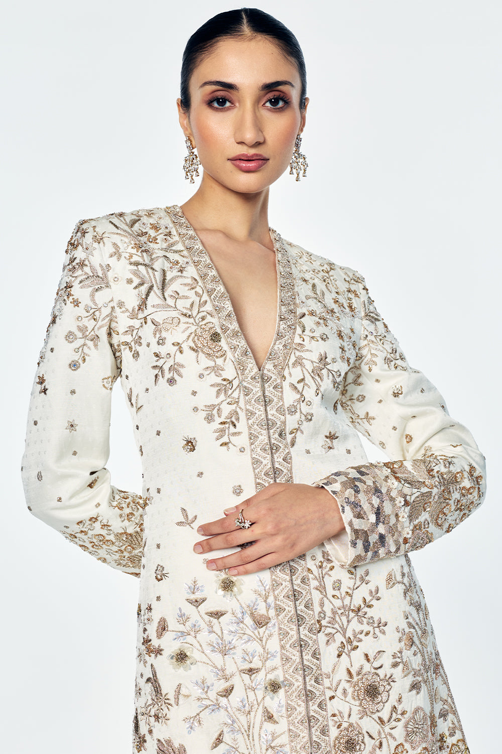 Paisley Jacquard And Raw Silk Jacket Set With Zenith Zardosi Embroidery In Gold and Ivory