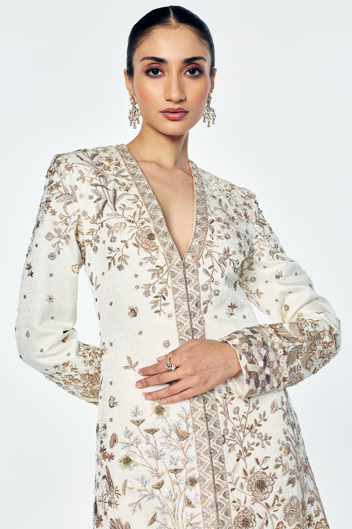 Paisley Jacquard And Raw Silk Jacket Set With Zenith Zardosi Embroidery In Gold and Ivory