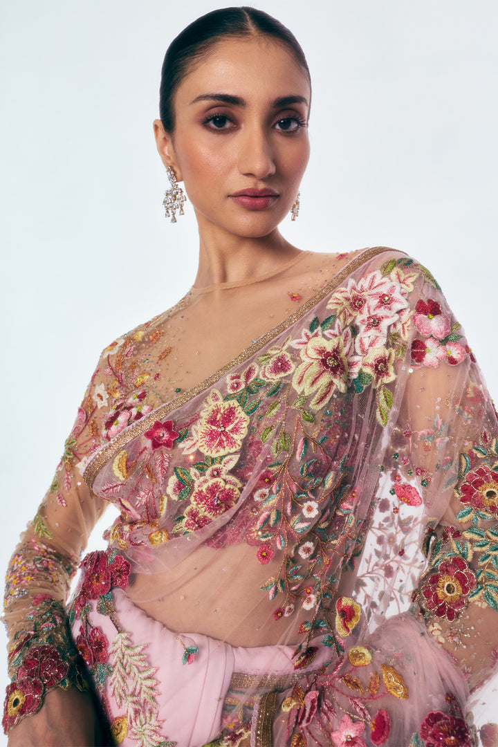 Zenith Saree Set With Botanical Handwork In Lily Pink