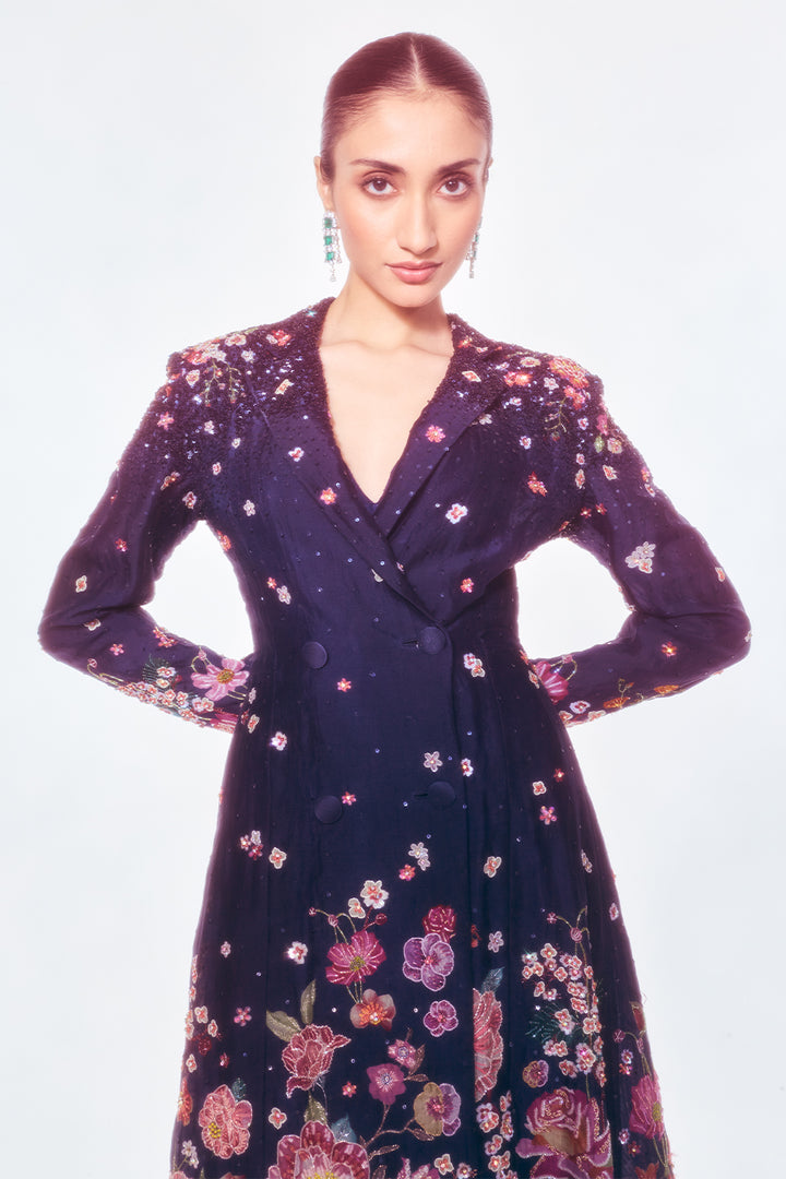 Florence Trench Cat With Satin-Thread Floral Embroidery In Navy