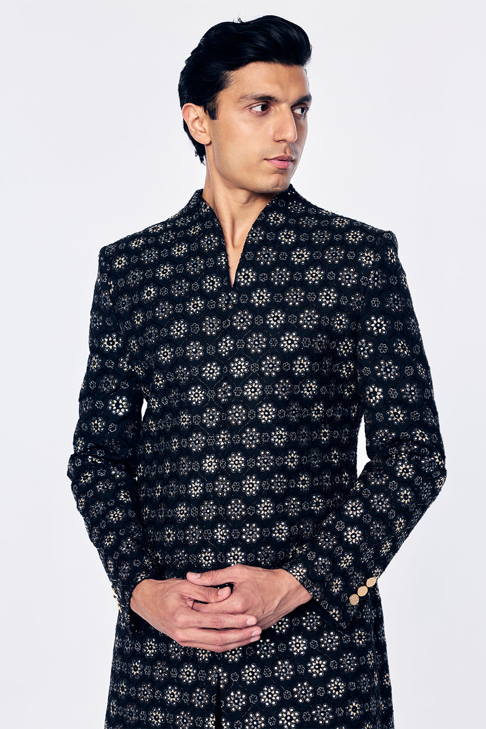 Chanderi Sherwani With Jali Outline Embroidery In Black