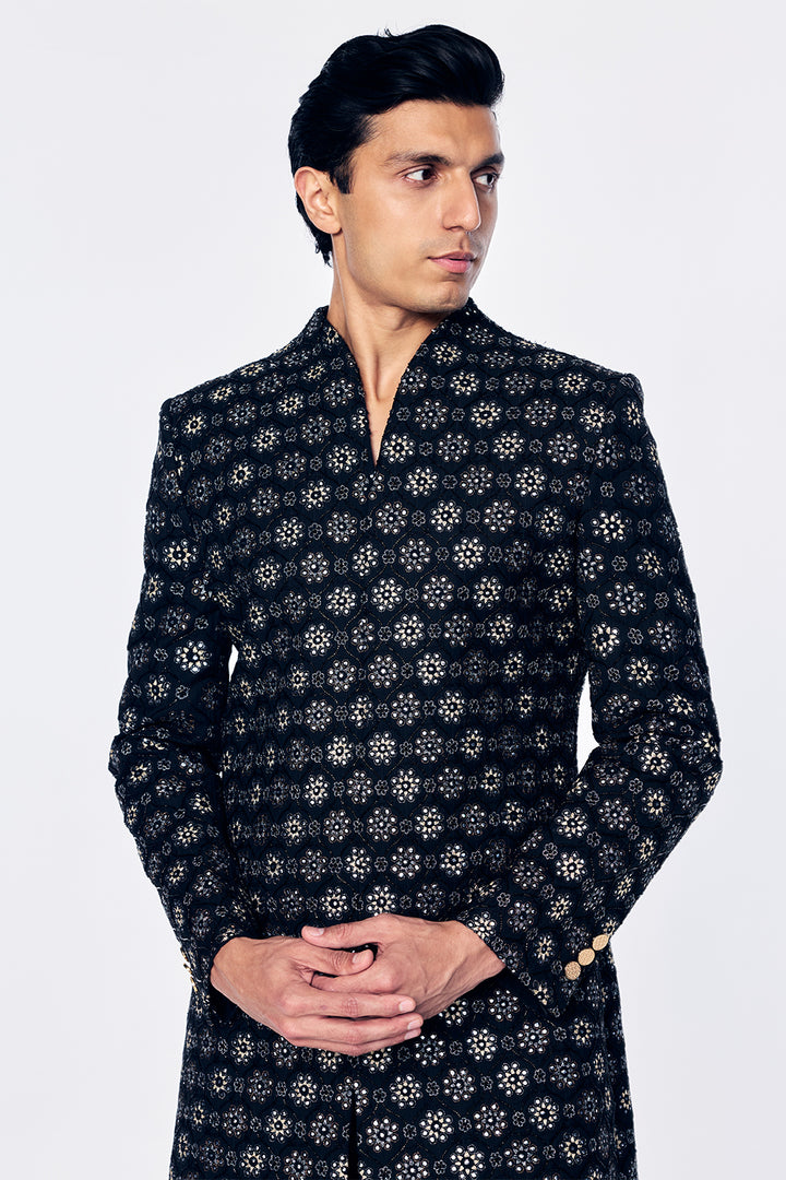 Chanderi Sherwani With Jali Outline Embroidery In Black