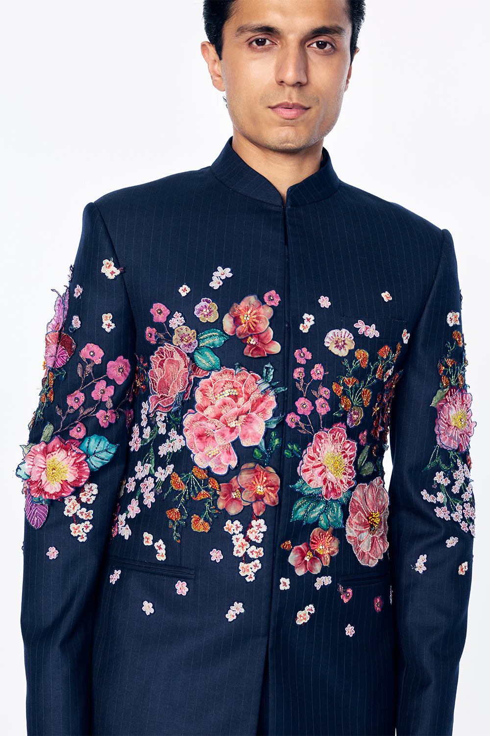 Florence Silk Bandhgala With 3D Floral Embroidery In Navy
