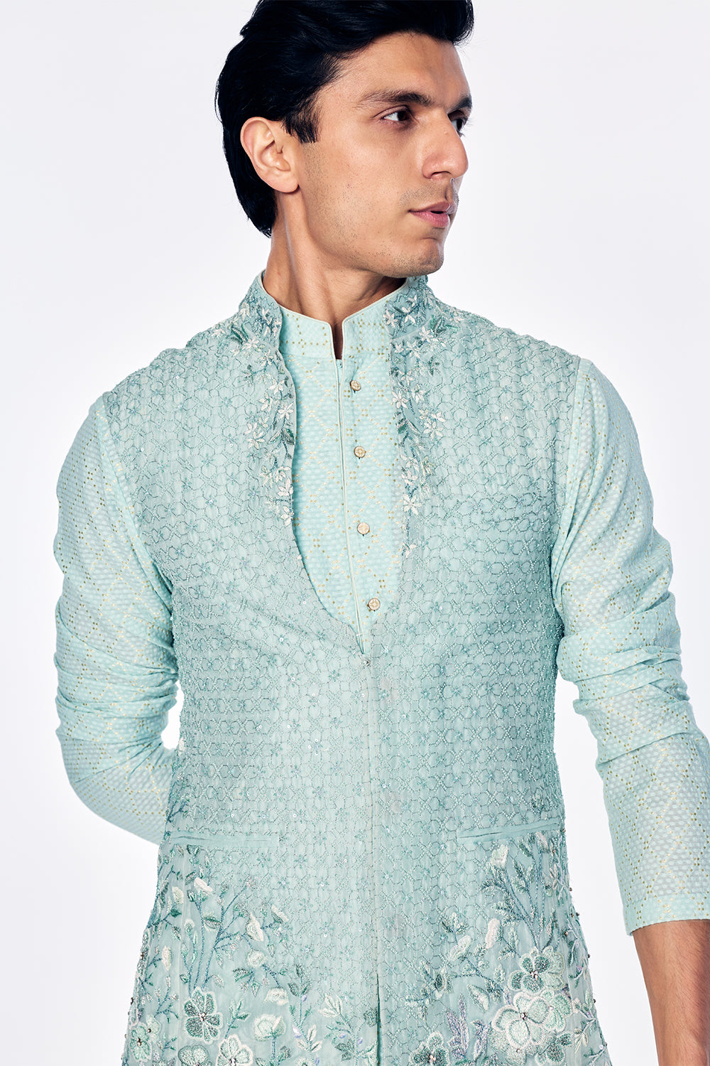 Zenith Silk Organza Bandi With Floral Embroidery And Sequin Highlights In Mint