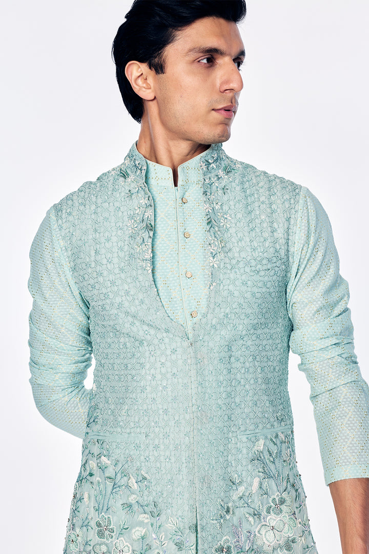 Zenith Silk Organza Bandi With Floral Embroidery And Sequin Highlights In Mint