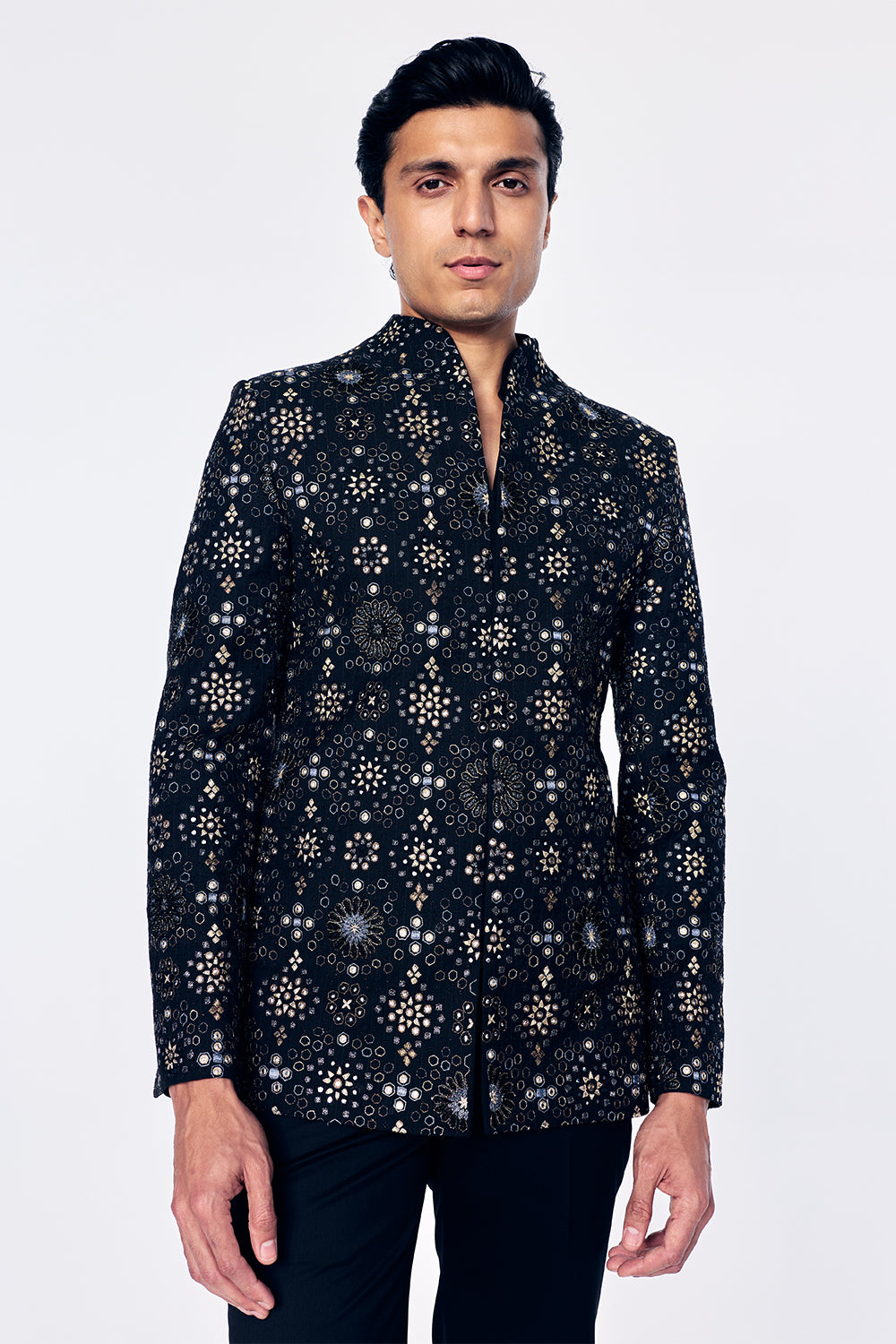 Chanderi Bandhgala With Geometric Jali Embroidery In Black