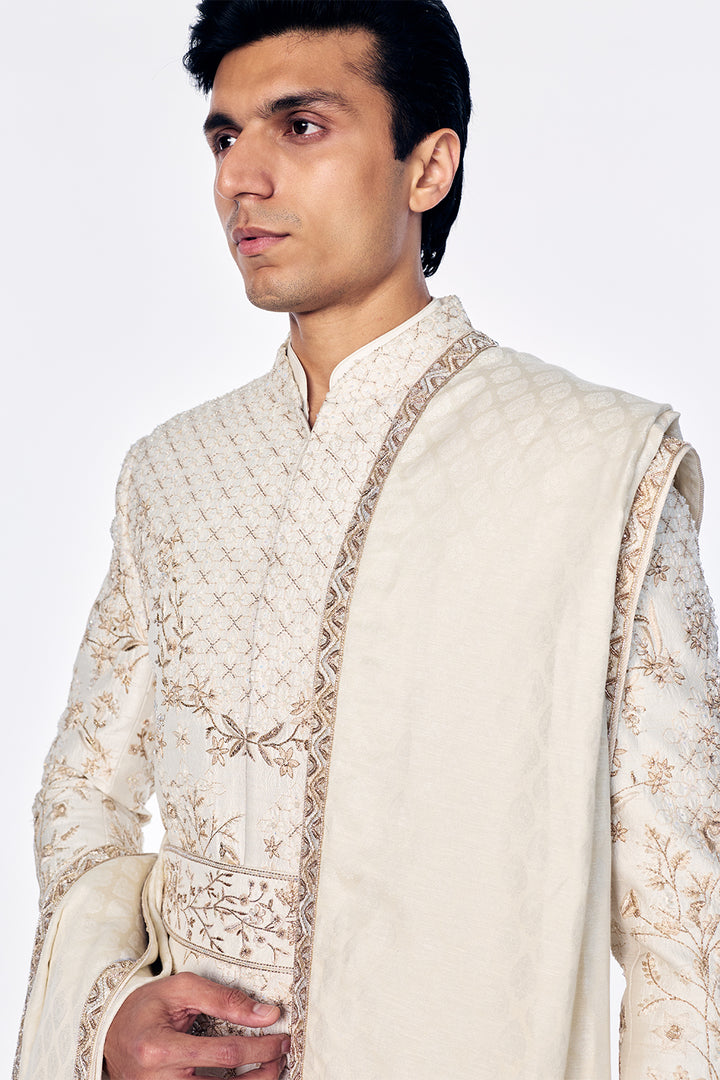 Zenith Sherwani Set With Botanical Golden Embroidery In Ivory
