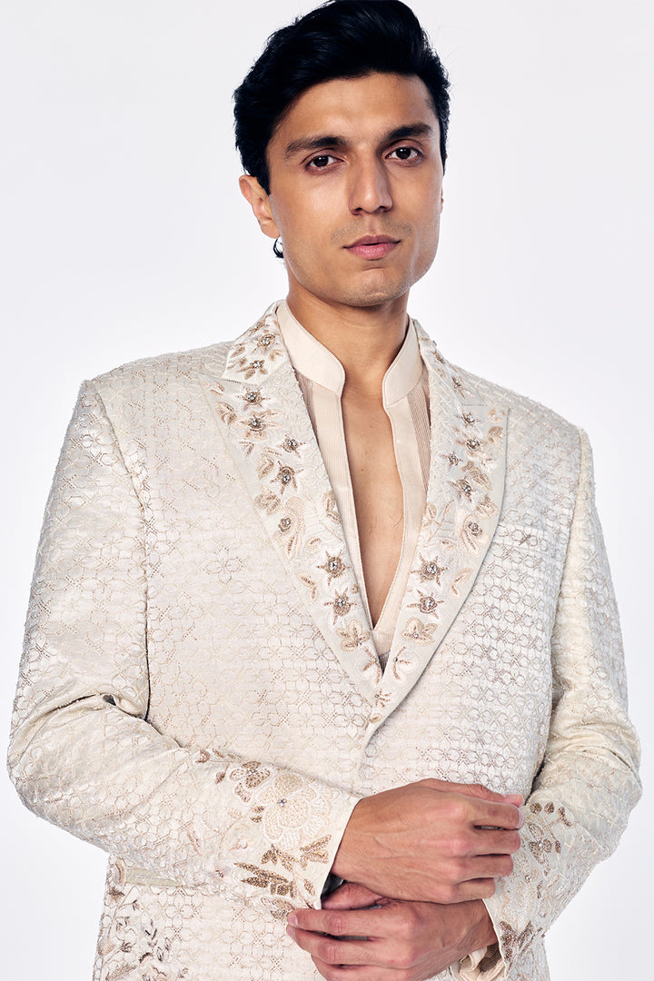 Zenith Satin Tissue Tuxedo Jacket With Signature 3D Floral Embroidery In Ivory