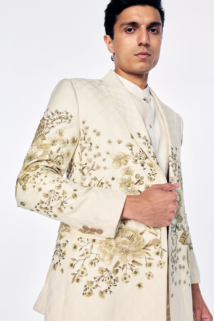 Double-Breasted Jacquard Jacket With Light Gold Zardosi And Floral Embroidery In Ivory