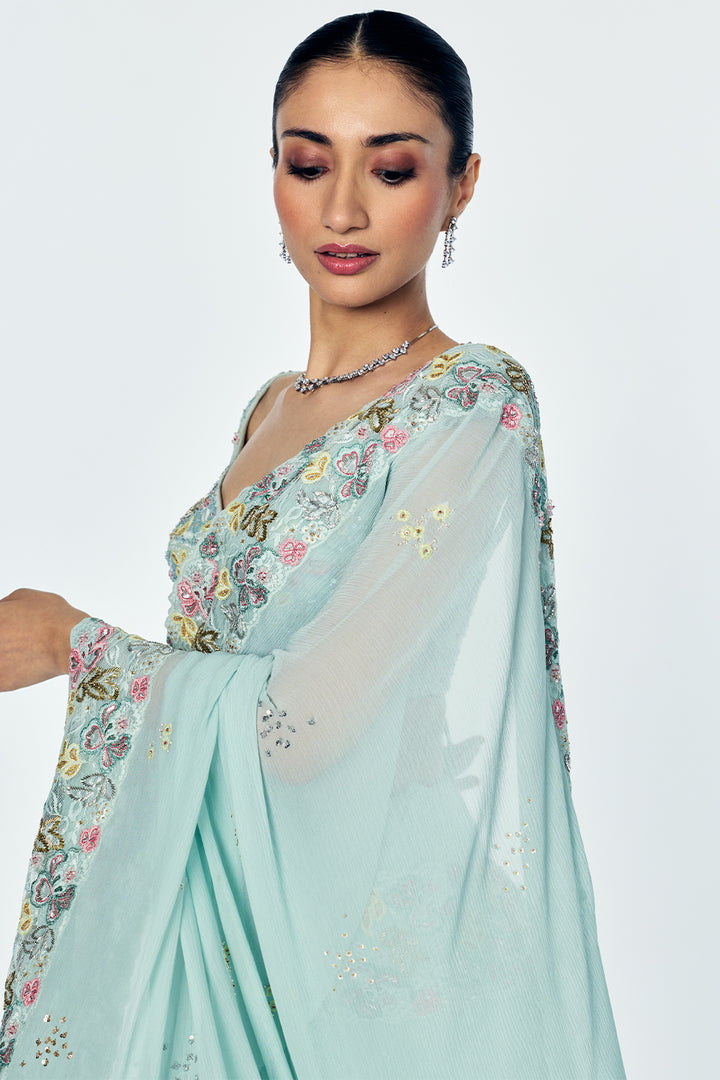 Zenith Saree Set With Intricate Floral Embroidery In Mint