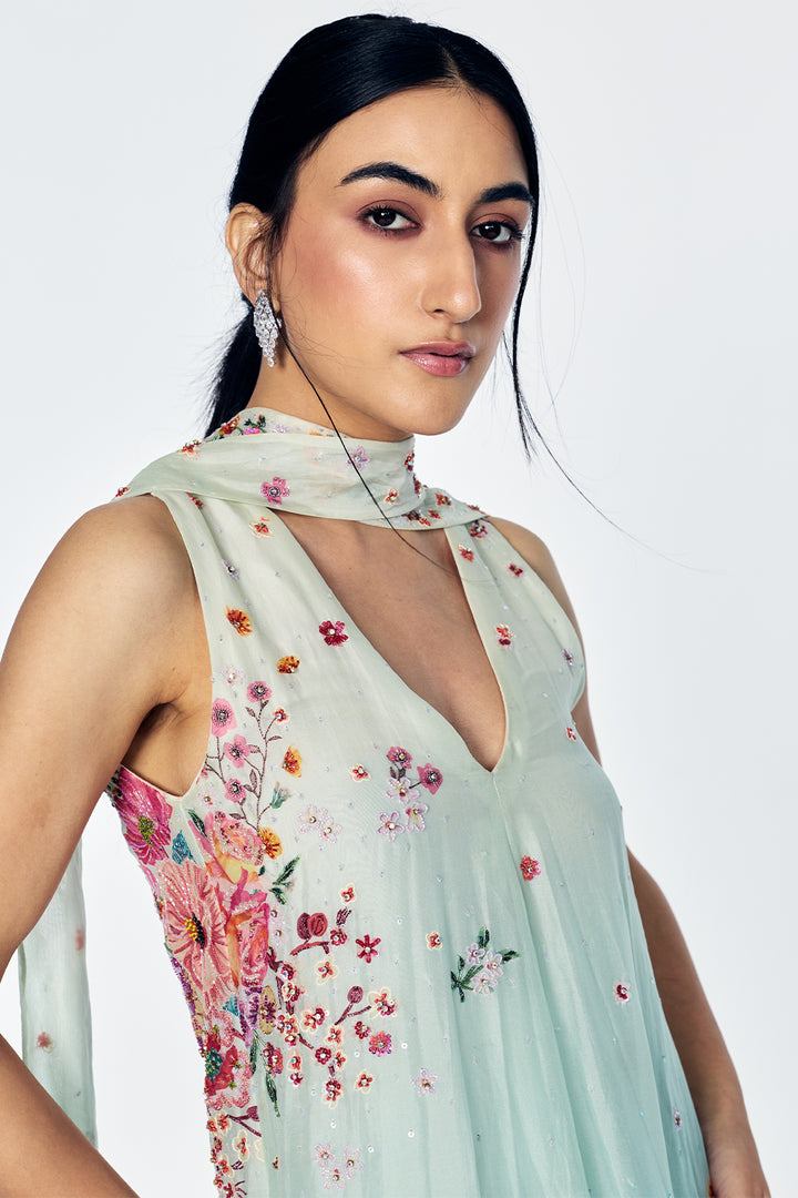 Organza And Silk Crepe A-Line Dress With Painterly Floral Embroidery In Mint