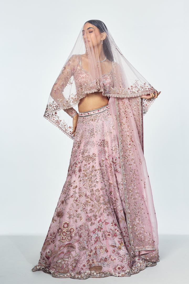 Silk Organza And Soft Tulle Lehenga Set With Zenith Zardosi Embroidery in Rosette