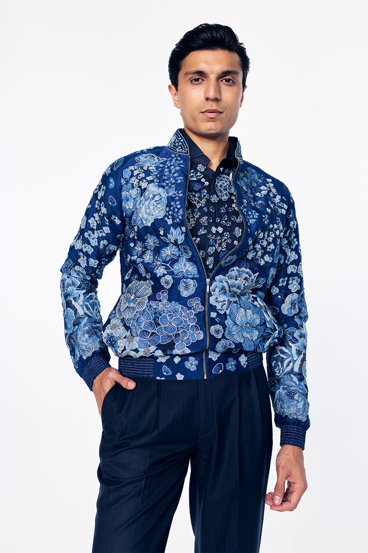 Organza Bomber Jacket With Monochromatic Floral Embroidery In Navy