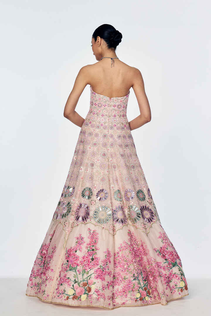 Organza Gown With Mirrorwork And Bougainvillea Embroidery In Lily Pink