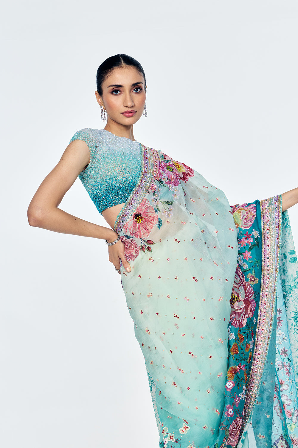 Florence Saree Set In Silk Organza And Soft Net With Satin-Thread Floral Embroidery In Mint