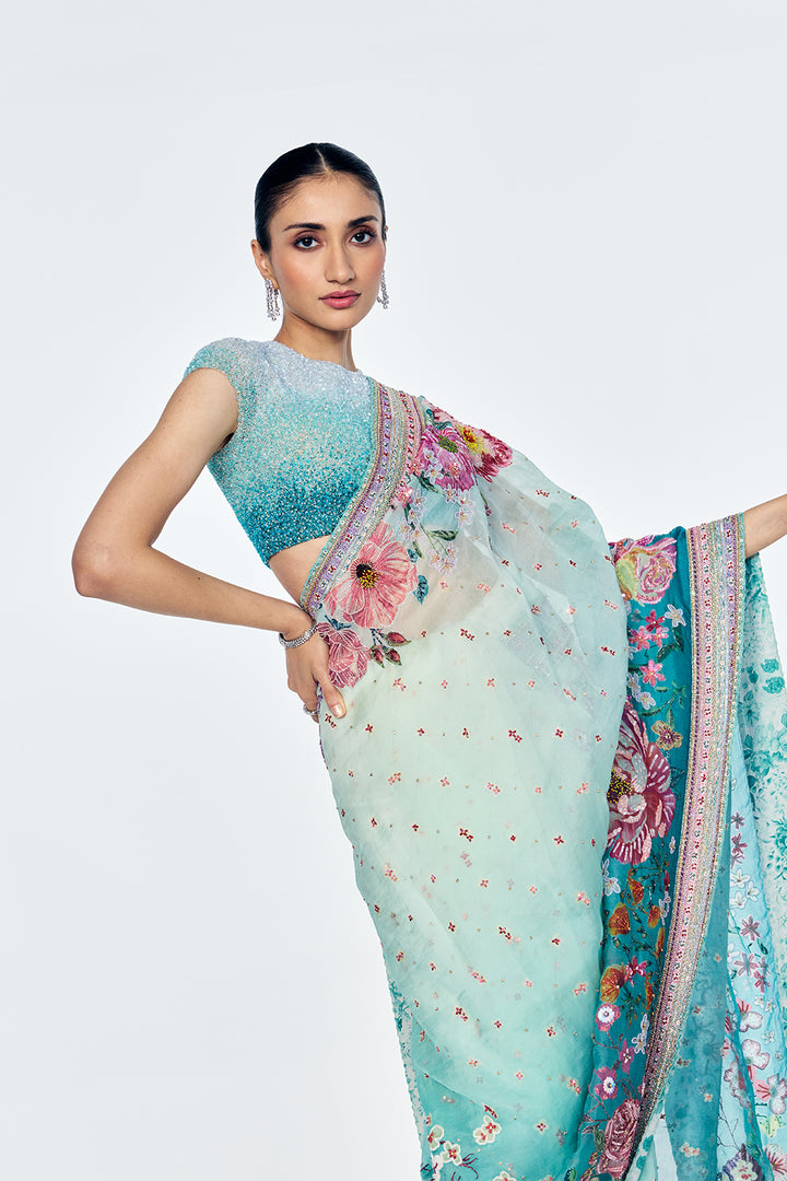Florence Saree Set In Silk Organza And Soft Net With Satin-Thread Floral Embroidery In Mint
