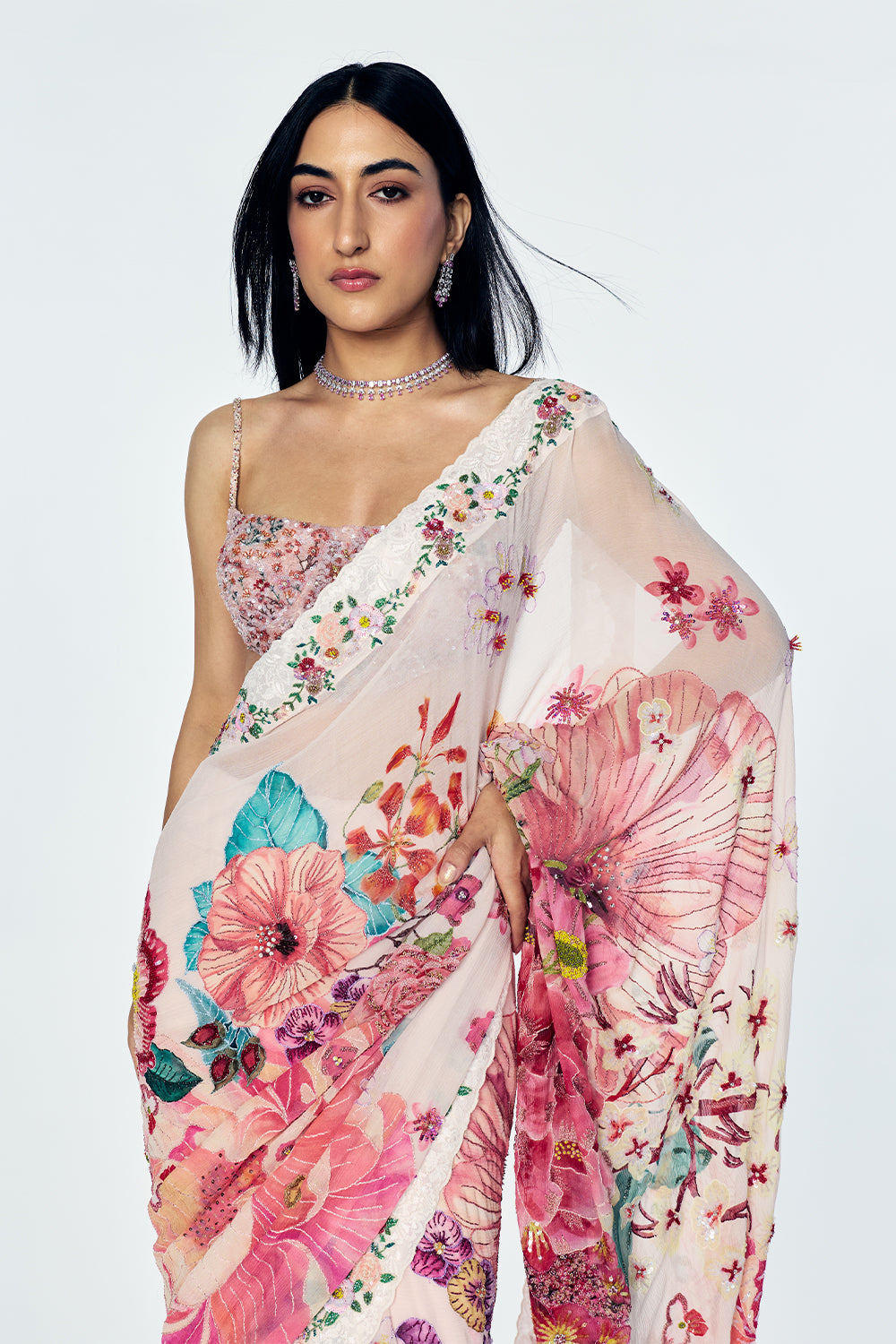 Florence Saree Set With Botanical Floral Print In Blush Pink