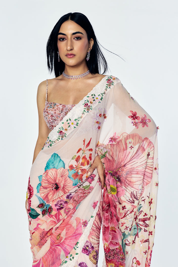 Florence Saree Set With Botanical Floral Print In Blush Pink