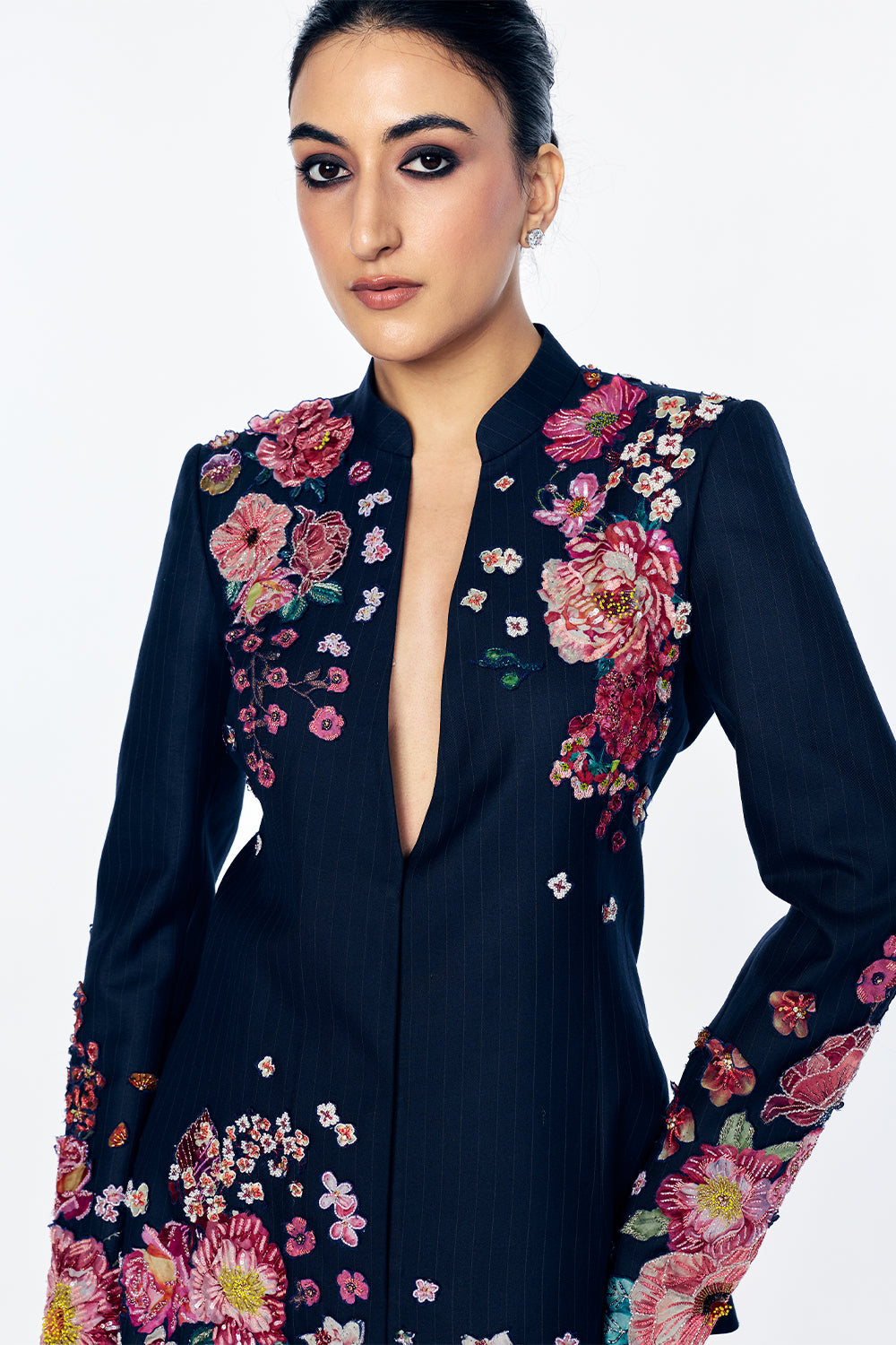 Florence Bandhgala With Tuscany-Inspired Satin-Thread Floral Embroidery In Navy