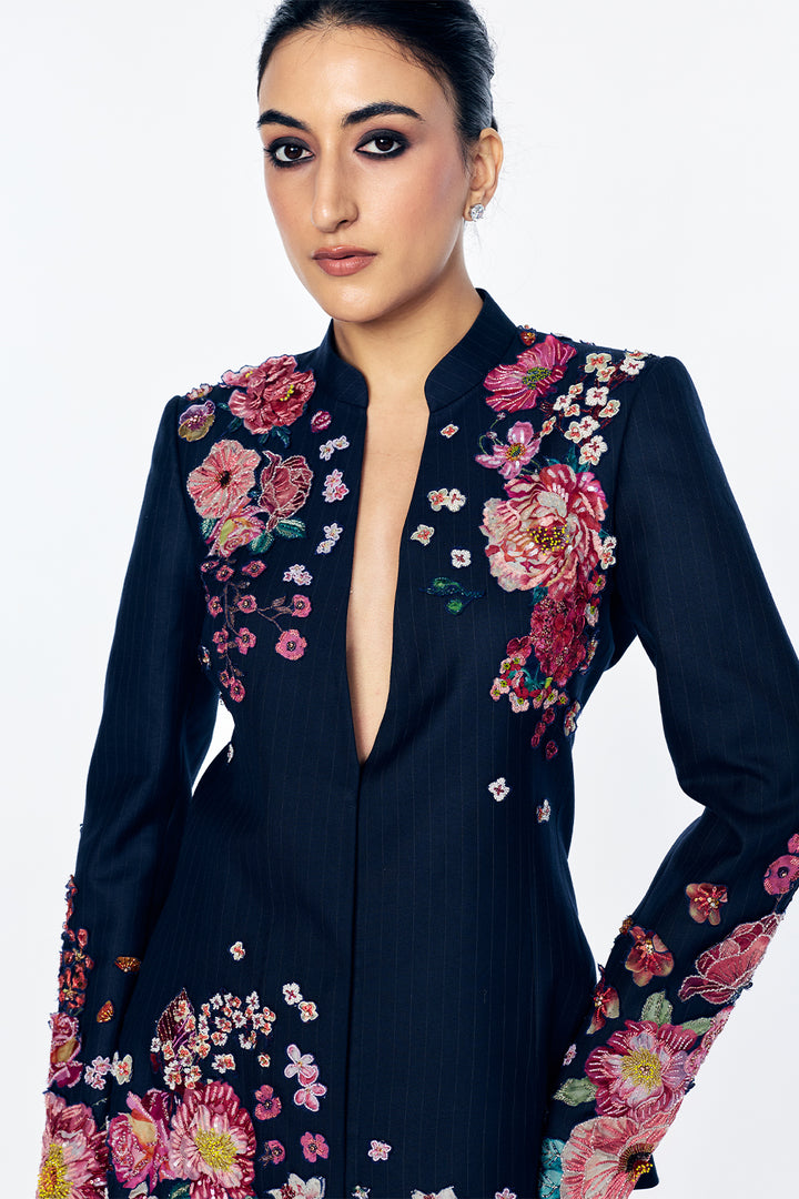 Florence Bandhgala With Tuscany-Inspired Satin-Thread Floral Embroidery In Navy