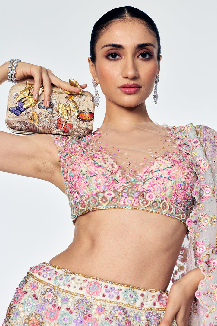 Organza Lehenga Set With Mirrorwork And Bougainvillea Embroidery In Ivory