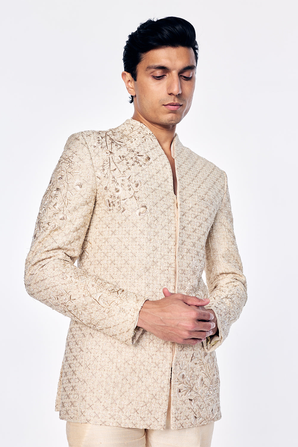 Zenith Raw Silk Bandhgala With Zari Stripes And Floral Embroidery In Ivory