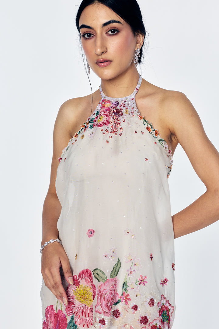 Florence Dress With Satin-Thread Floral Embroidery In Ivory