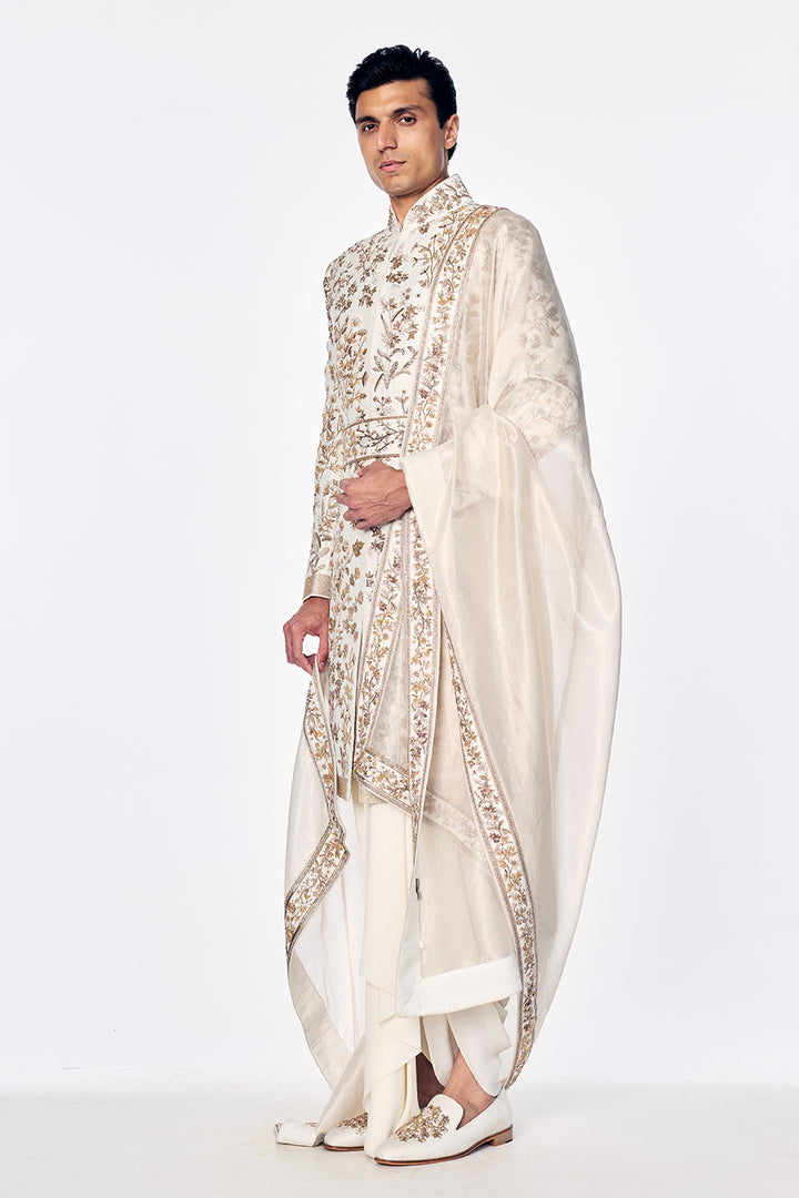 Silk Sherwani Set With Tonal Floral Embroidery In Ivory