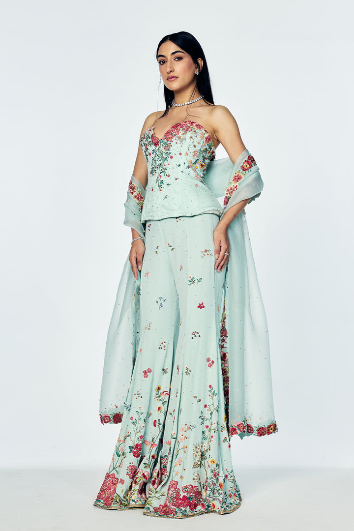 Zenith Sharara Set With Floral Embroidery In Mint
