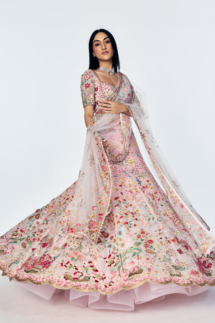 Zenith Lehenga Set With Floral Hand Embroidery in Lily Pink