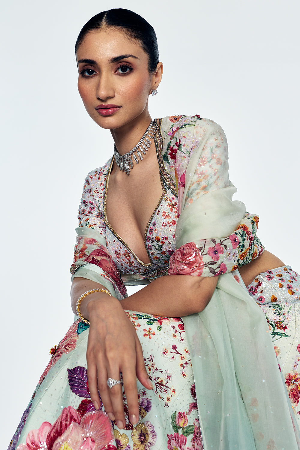 Raw Silk And Organza Lehenga Set With Bouquet Embroidery In Teal