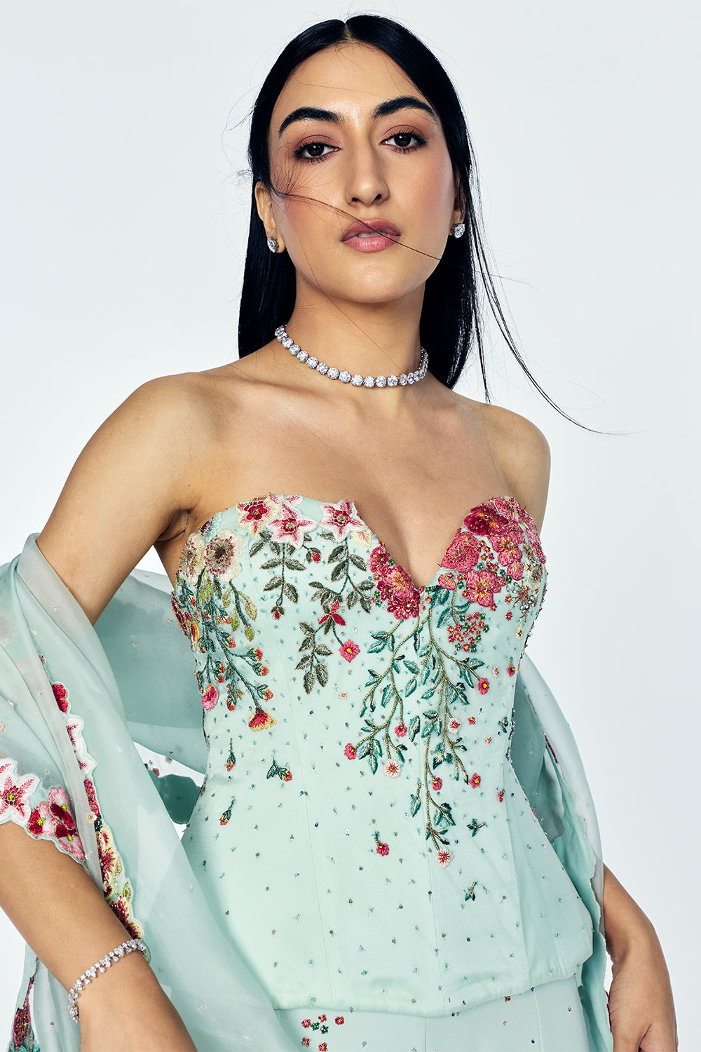 Zenith Sharara Set With Floral Embroidery In Mint