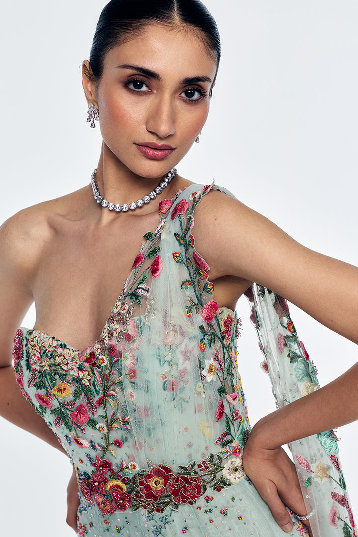 Zenith Botanical Embroidered Gown in Mint