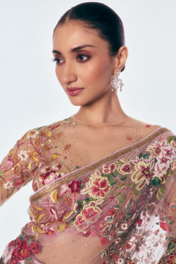 Zenith Saree Set With Botanical Handwork In Lily Pink