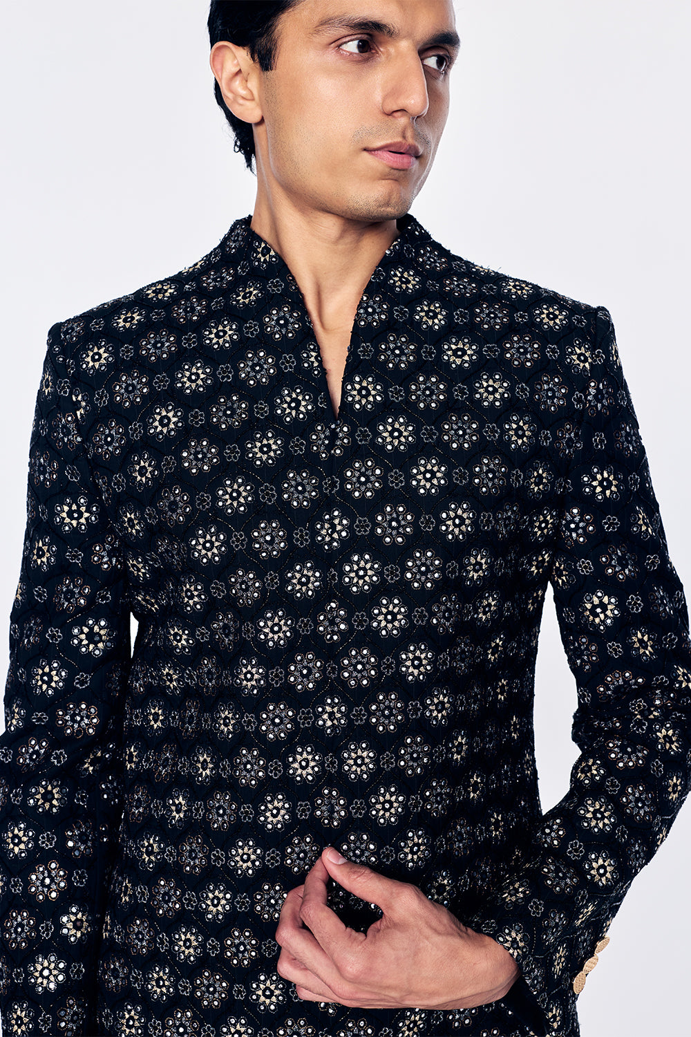 Chanderi Sherwani With Jali Outline Embroidery In Black