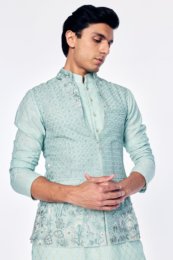 Zenith Silk Organza Bandi With Floral Embroidery And Sequin Highlights In Mint