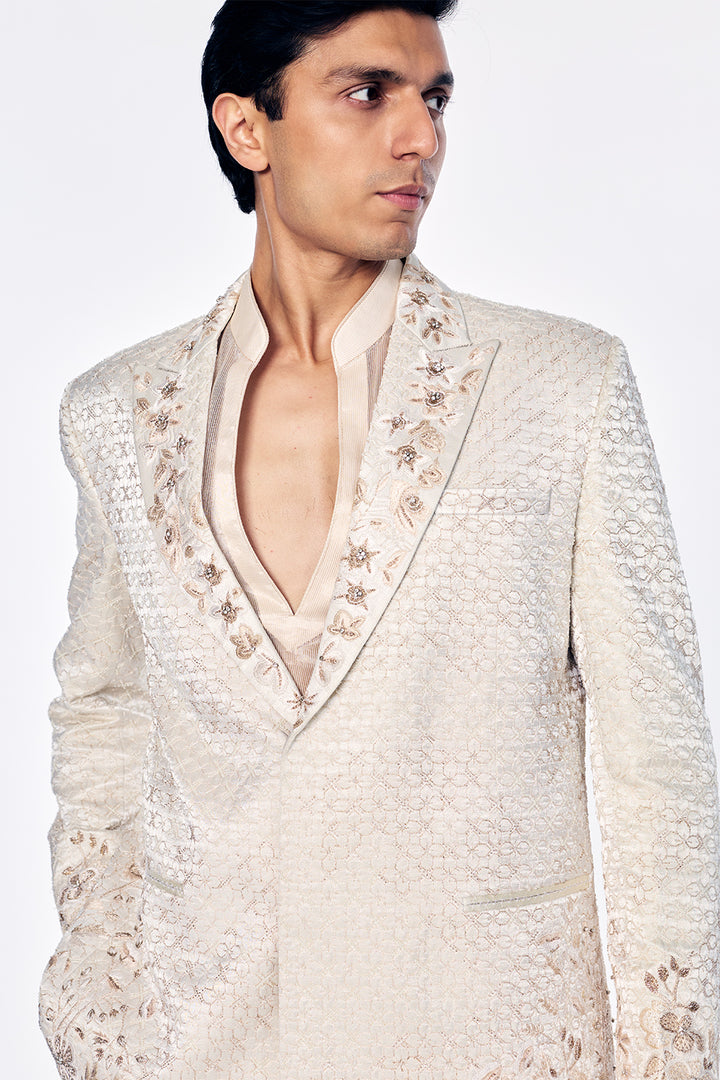 Zenith Satin Tissue Tuxedo Jacket With Signature 3D Floral Embroidery In Ivory
